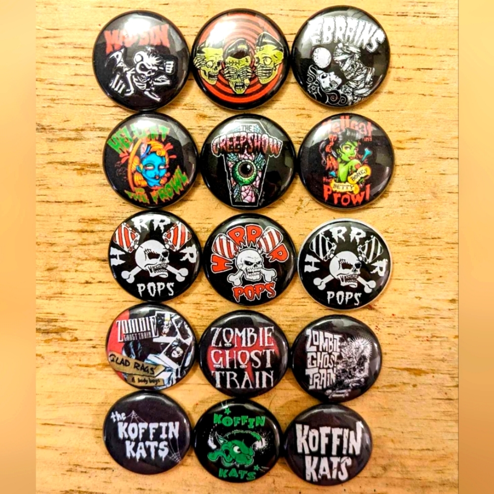 Psychobilly bands 1 inch set of 15 pinback buttons